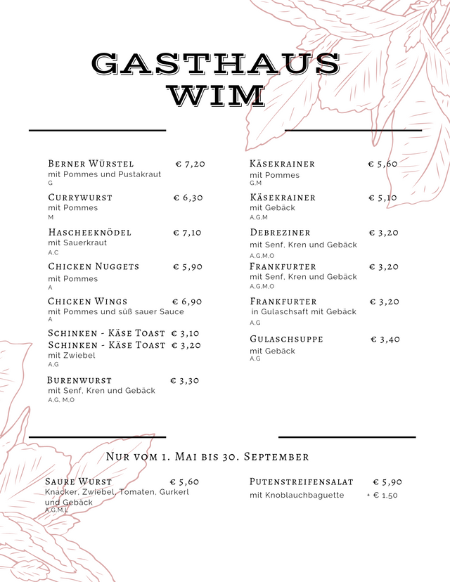 Speisekarte | Gasthaus Wim